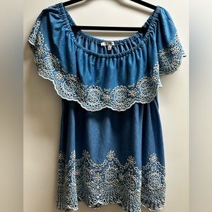 Fever ~ Eyelet Convertible Shoulder Top In Blue and White ~ Size 1X, EUC